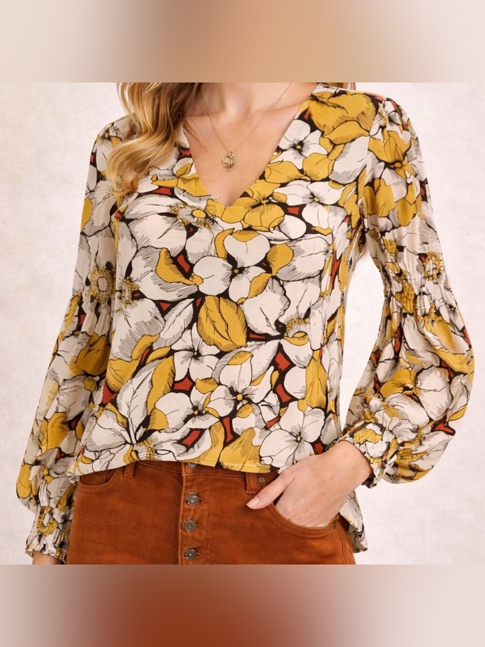 Cabi Top w/ Poet Sleeve, Sz. S, Yellow/White Flowers, V Neck, Pull On